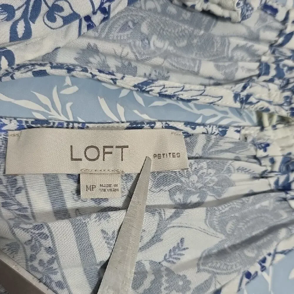 LOFT Womens Sz M Blue and White Dress Tiered Beachy BOHO Feminine Fairy Maxi